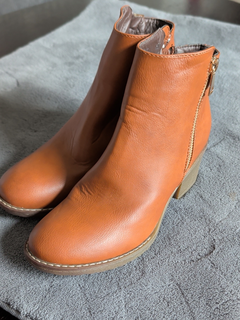 Reneeze Cognac Faux Leather Ankle Booties with Side Zip